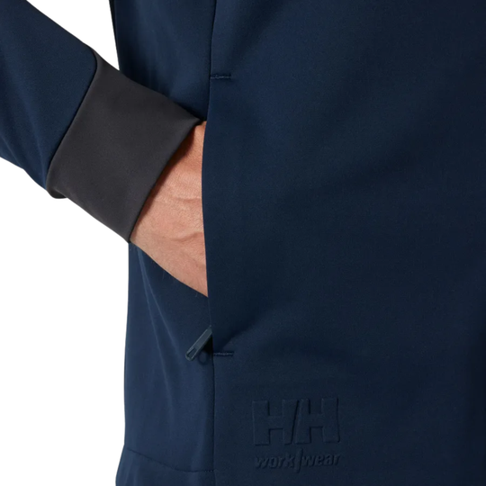 Navy jacket with black cuff, side hand pocket, and embossed HH work wear logo