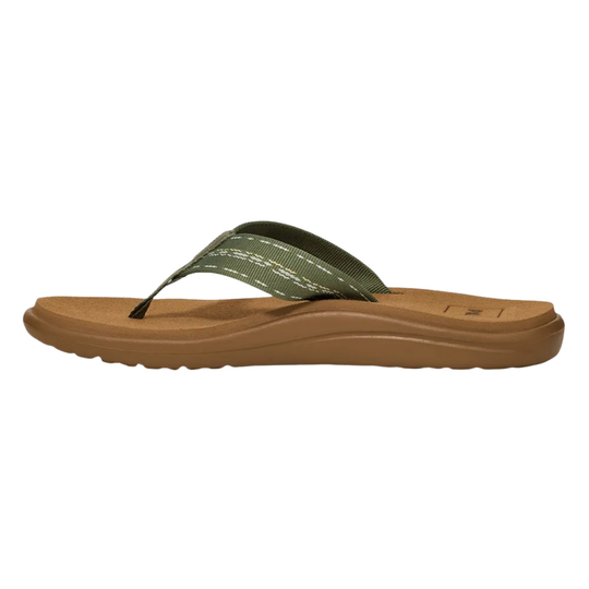Brown thong sandal with an olive green woven strap and thick contoured sole