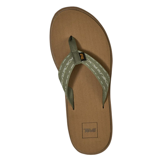 Green thong sandal with brown footbed and Teva logo tag