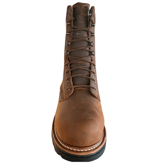 Brown leather lace-up work boot with metal eyelets and black treaded sole, front view