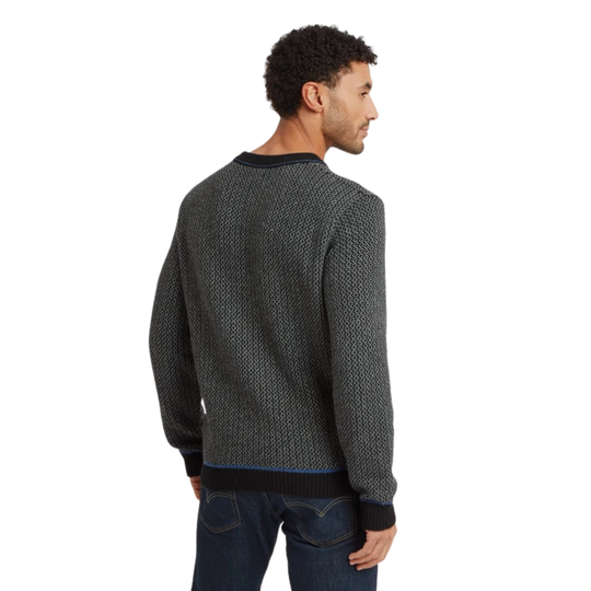 A man wearing a dark gray textured knit sweater with black ribbed trim, shown from a three-quarters back view against a plain white background.
