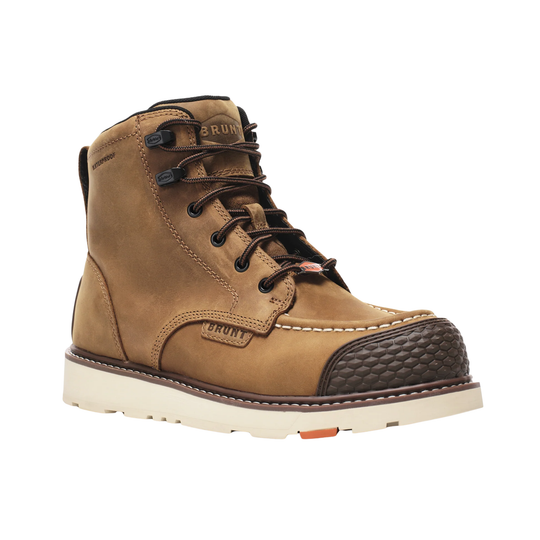 Brown work boot with black laces on a white background