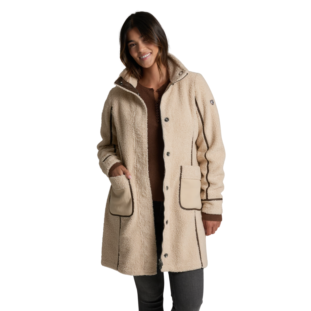 Kuhl Women's Durango Sherpa Long Jacket - Natural on a female model on a white background