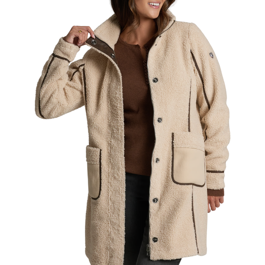 Kuhl Women's Durango Sherpa Long Jacket - Natural on a female model on a white background