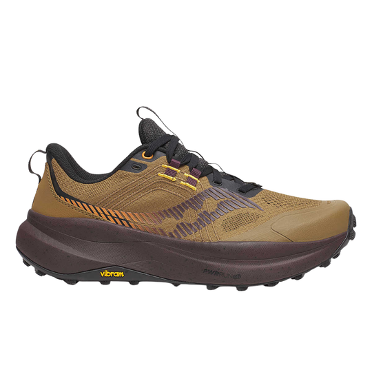 Brown and black running shoe with visible brand logos on a white background