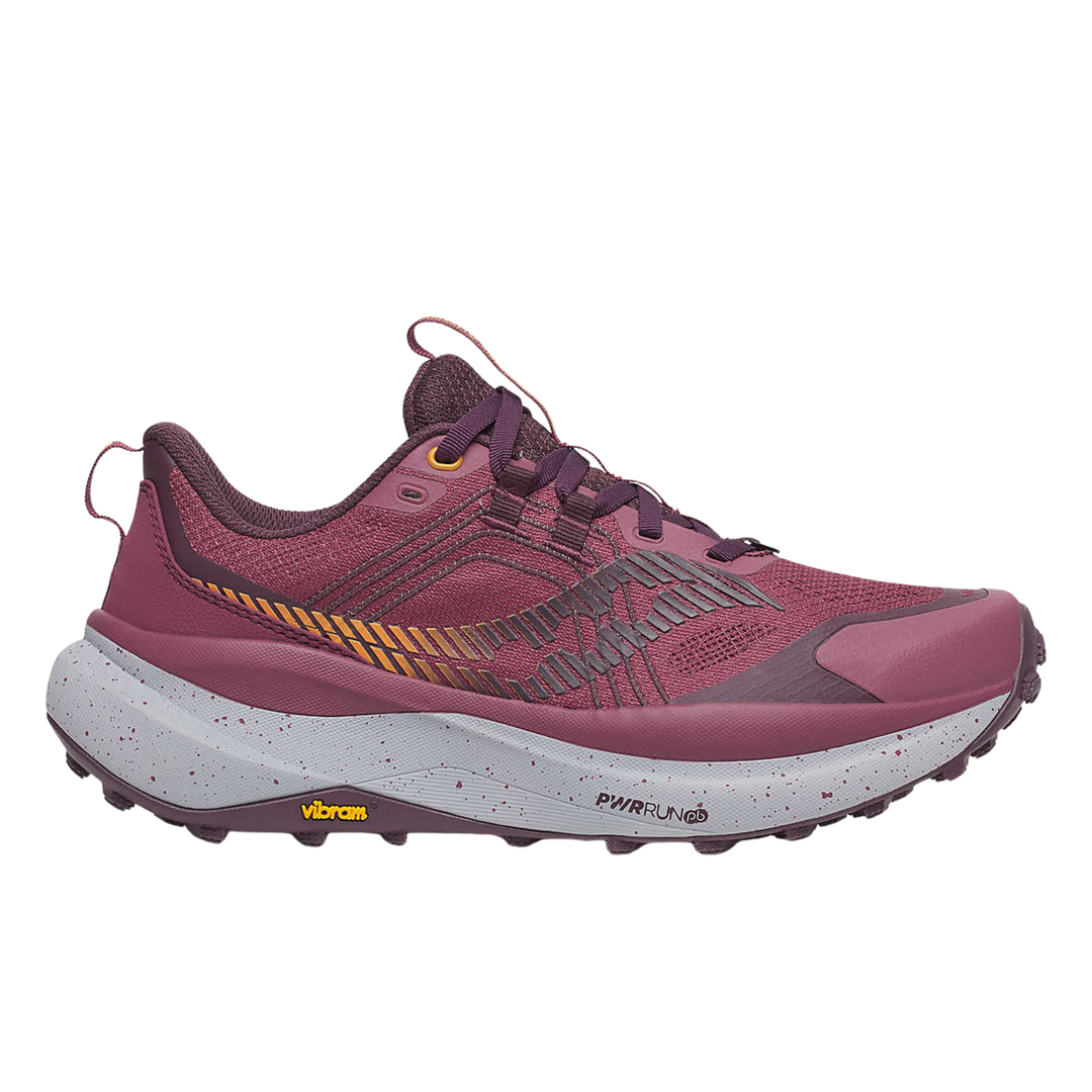 Pink running shoe with white sole on a white background