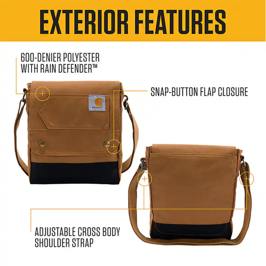 Brown crossbody bag with features highlighted on a yellow and white background