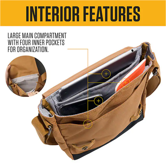 Brown bag with interior features highlighted on a white background