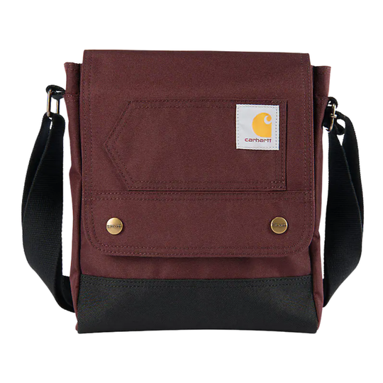 Brown and black crossbody bag with Carhartt logo on a white background