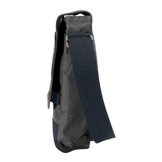 A dark gray canvas crossbody bag with a navy blue adjustable shoulder strap, shown from a side profile view against a plain white background.