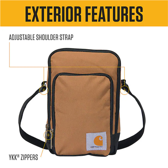 Tan crossbody bag with black trim and shoulder strap, shown with callouts for adjustable shoulder strap and YKK zippers.