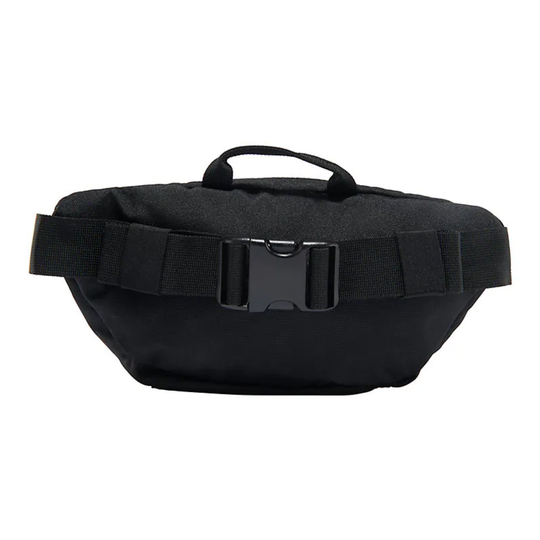 Black waist bag with a buckle on a white background