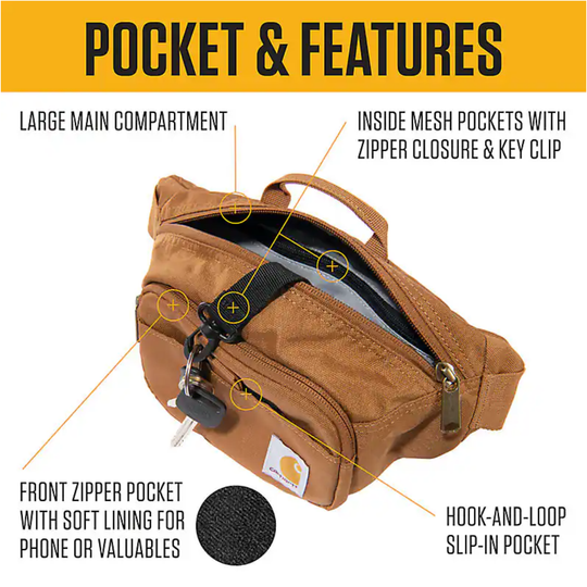 Brown waist bag with features highlighted on a white background