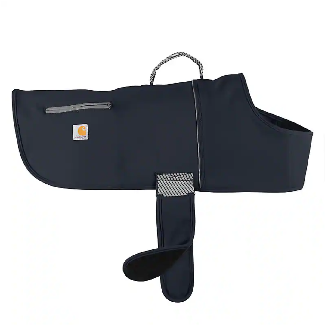Dark dog coat with Carhartt logo patch, fleece collar, reflective trim, and belly strap