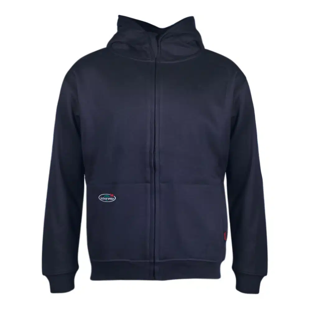 Navy blue hoodie with a brand logo on a white background