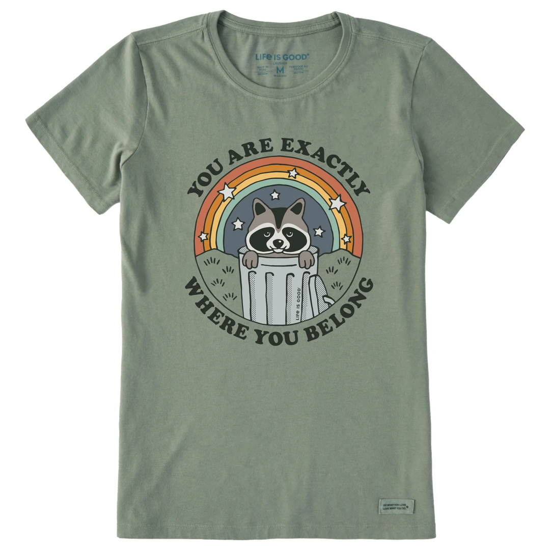 Green t-shirt with raccoon graphic and motivational text on a white background