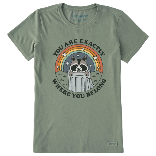 Green t-shirt with raccoon graphic and motivational text on a white background
