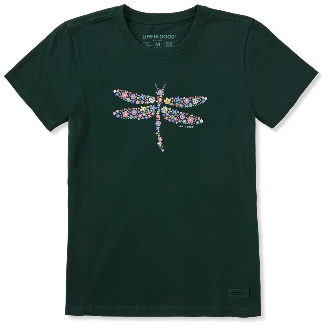 Dark green t-shirt with a colorful dragonfly design on a white background