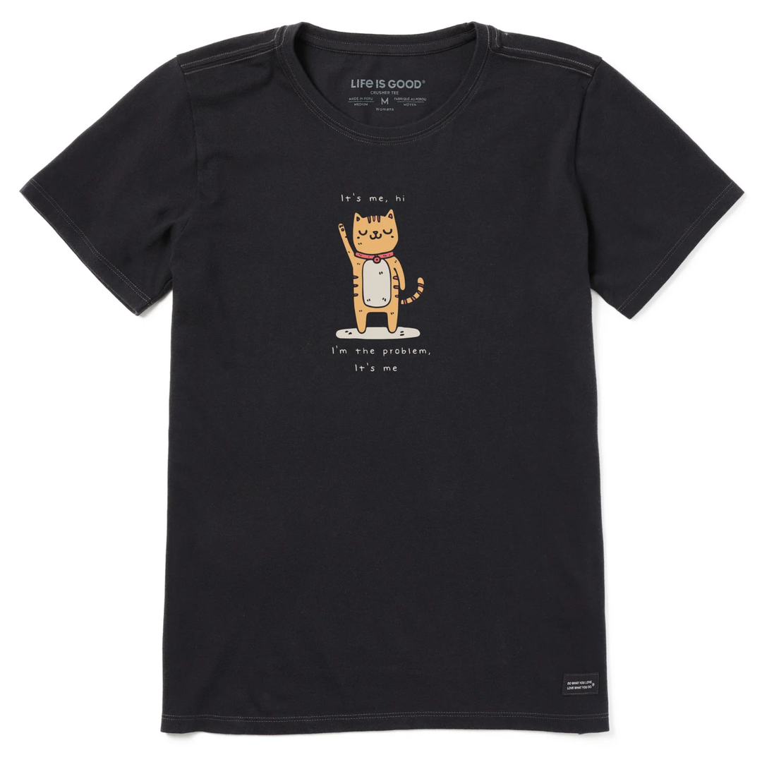 Black t-shirt with a cartoon cat graphic and text on a white background