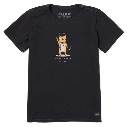 Black t-shirt with a cartoon cat graphic and text on a white background