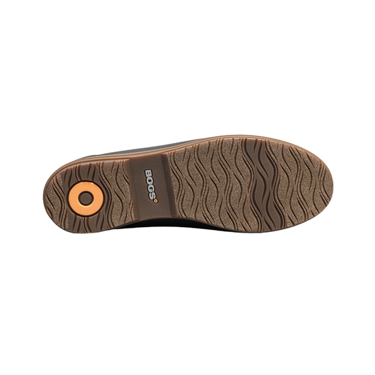 Brown boot sole with wavy tread and BOGS logo on a white background