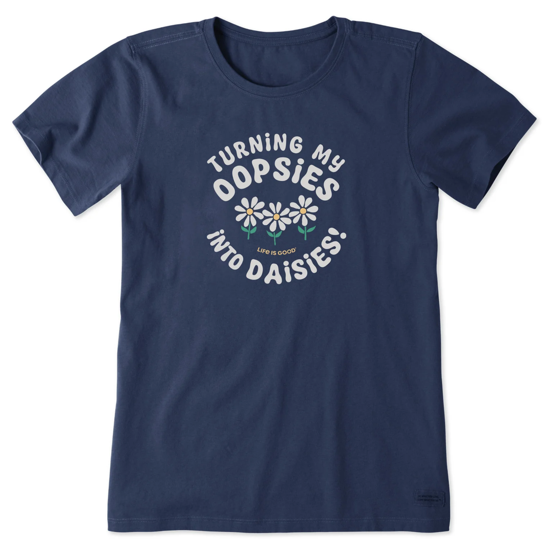 Navy blue t-shirt with white graphic and text on a white background