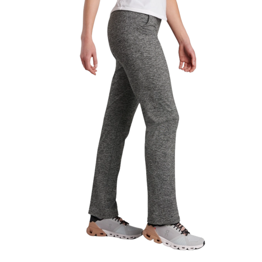 Gray heathered women’s pants shown on a model with straight legs and white sneakers