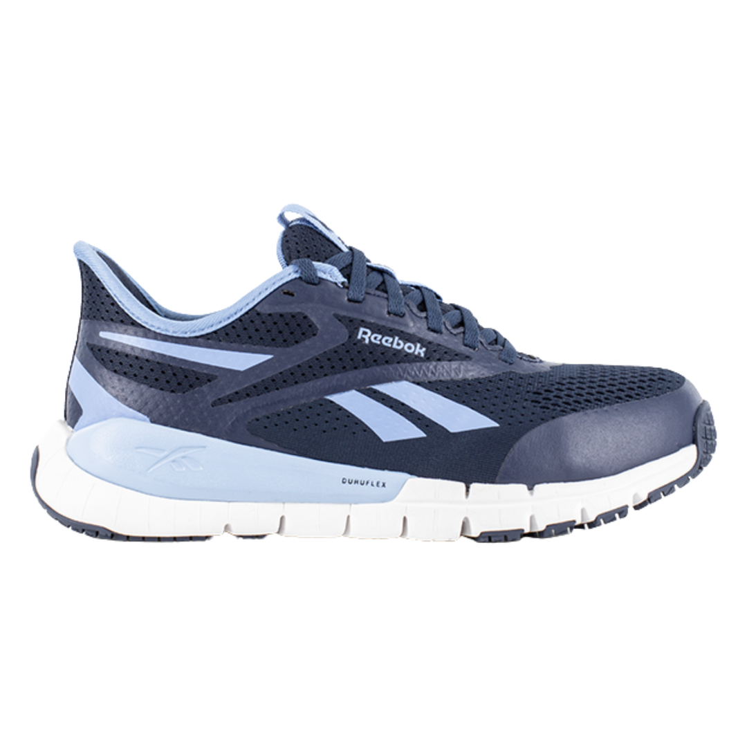 Navy and light blue running shoe with Reebok logo on a white background