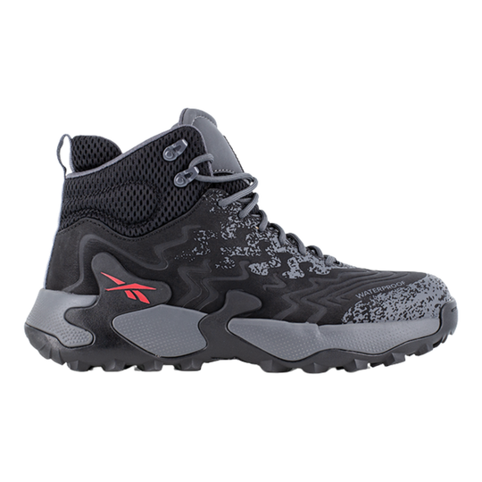 Black and gray hiking boot with red logo on a white background