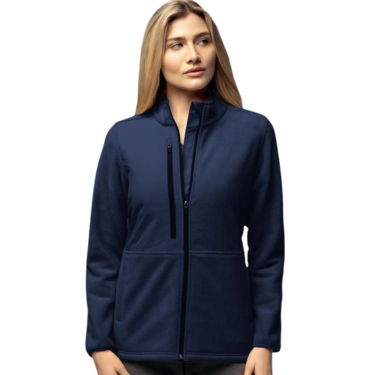 Woman wearing a navy blue jacket on a white background