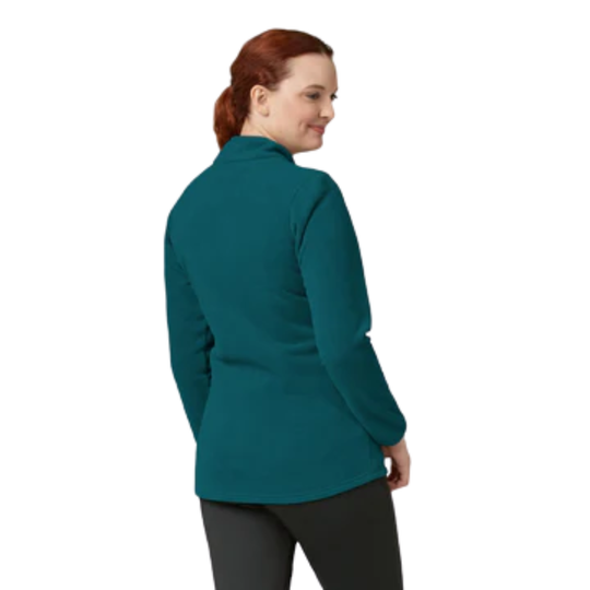 Person wearing a teal jacket on a white background
