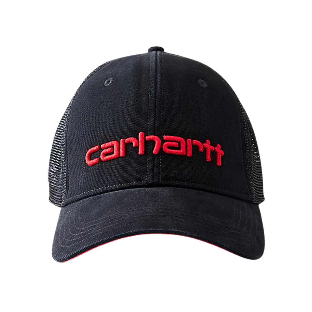 Black cap with red 'Carhartt' logo on a white background
