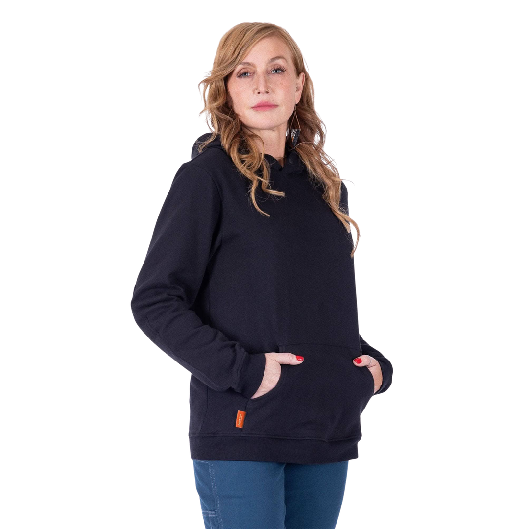 Woman wearing a black hoodie with a small orange logo on a white background