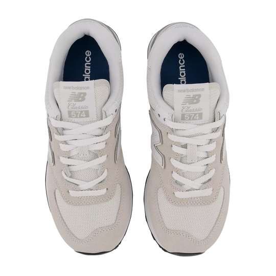 Pair of white and light gray New Balance sneakers with navy insoles, seen from above
