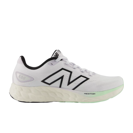 White running shoe with black accents on a white background