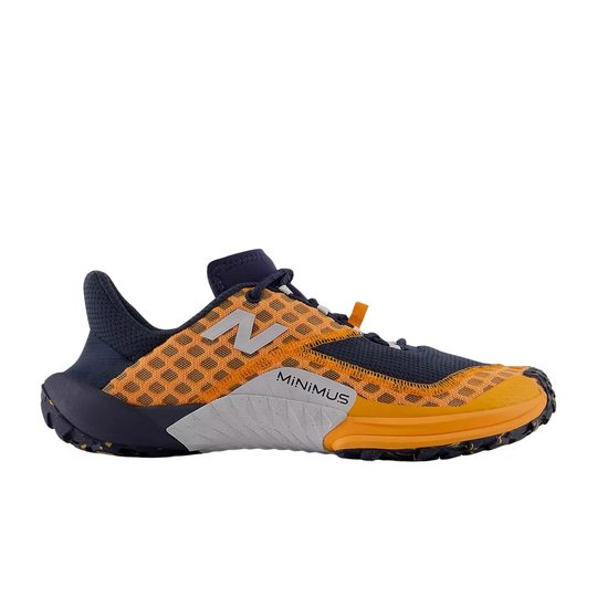 Low-top trail running shoe in navy, orange, and gray with mesh upper and rugged outsole