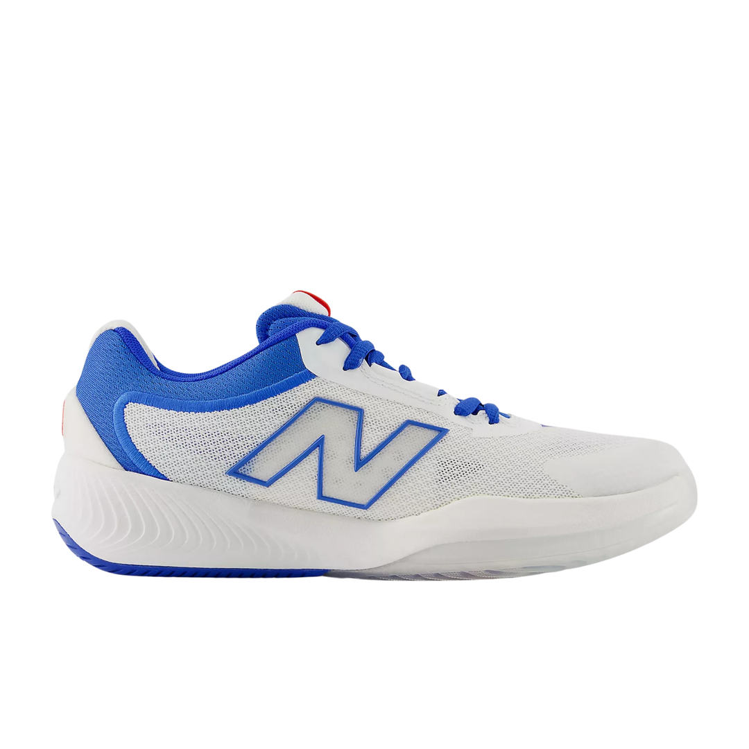 White and blue athletic sneaker with mesh upper, blue laces, and a large side logo on a white background