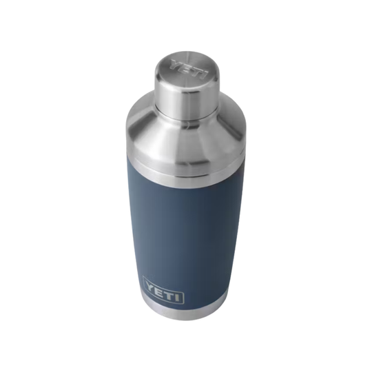Blue insulated cocktail shaker with stainless steel lid and base