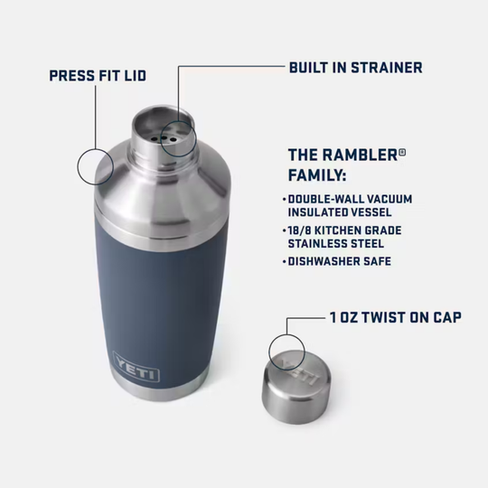 Stainless steel cocktail shaker with press-fit lid and twist-on cap, with callout labels on a white background