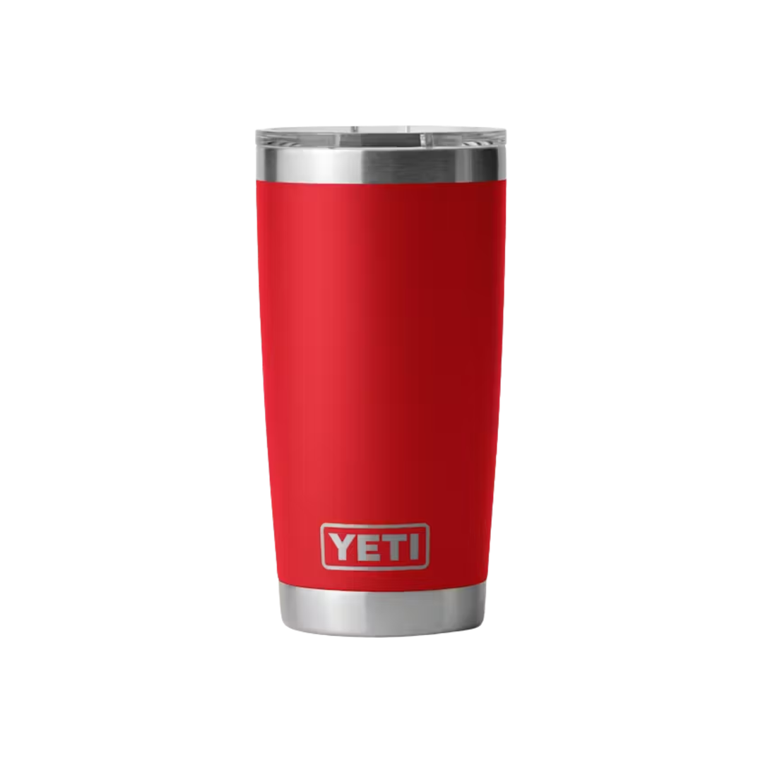 Red stainless steel tumbler with silver rim and base, shown on a white background