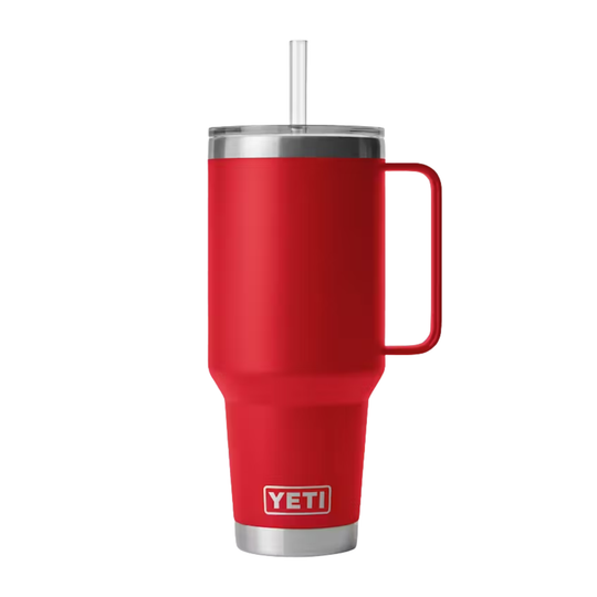 Red handled tumbler with stainless steel base and clear straw on a white background