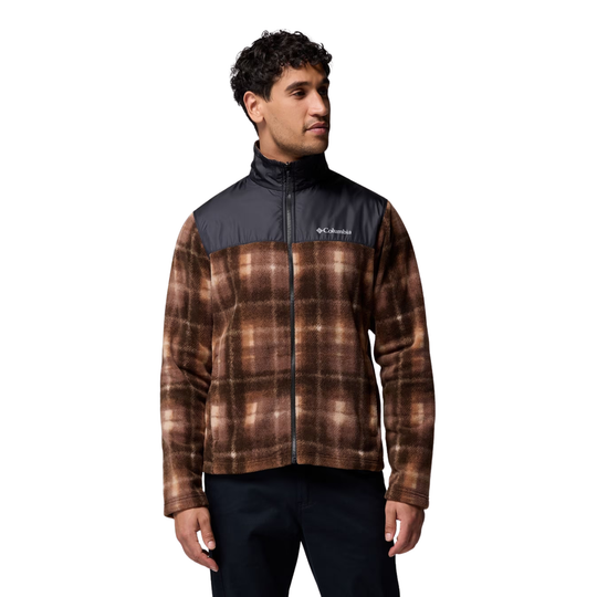 Brown plaid fleece jacket with black zip-up yoke and Columbia logo