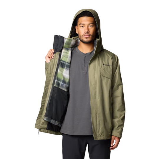 Olive hooded rain jacket worn open over a gray shirt, showing a fleece-lined interior