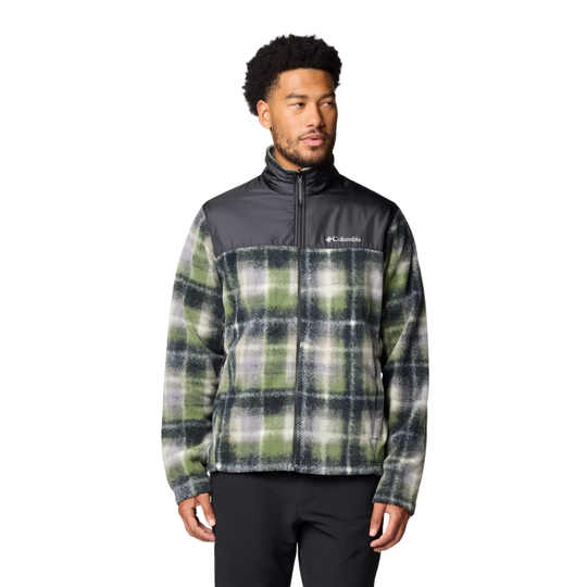 Plaid fleece jacket with black zip-up yoke and Columbia logo on chest