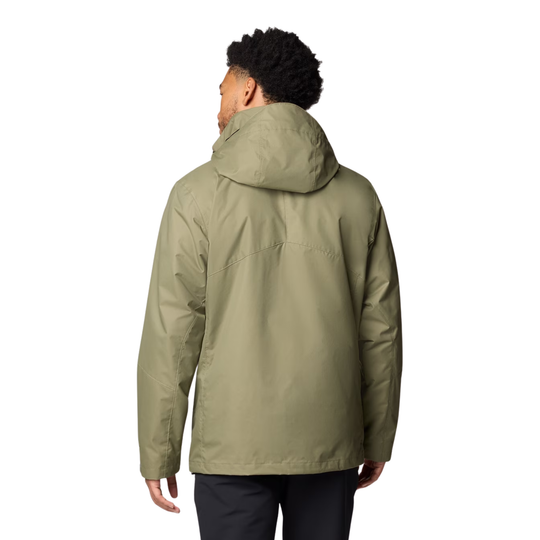 Olive hooded jacket shown from the back