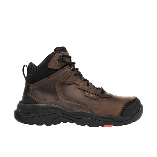 Brown hiking boot with black sole on a white background