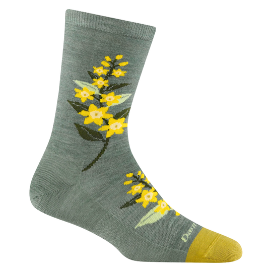 Gray-green crew sock with yellow floral pattern and yellow toe, shown in side view