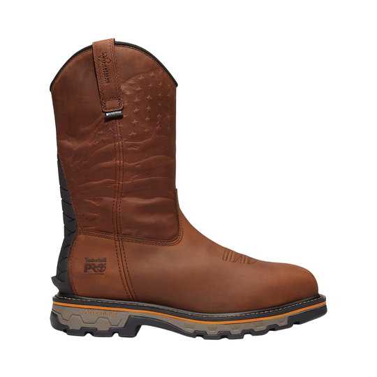 Brown work boot with black sole on a white background