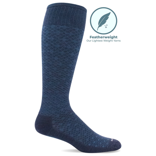 Blue sock with a featherweight label on a white background
