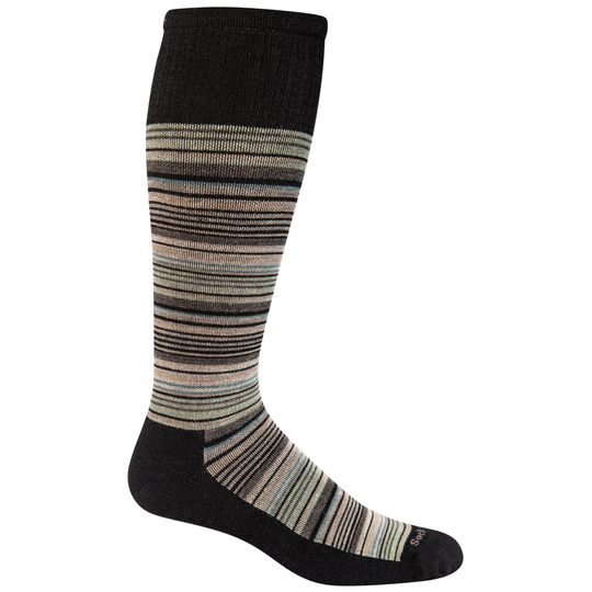 Black sock with multicolored striped pattern on a white background